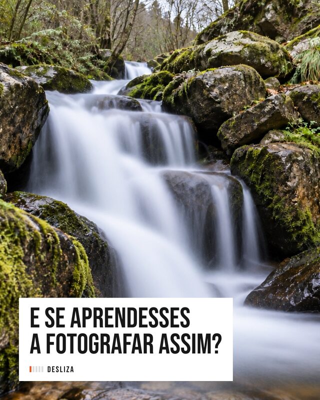 A mesma cascata. Duas fotografias completamente diferentes. Em modo automático, a câmara congela a água a 1/500 e o res…
